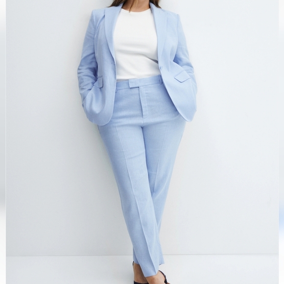 NWT Mango 100% Linen Blazer Suit and Pant Set Sky Blue Size 20 USA - Picture 2 of 16